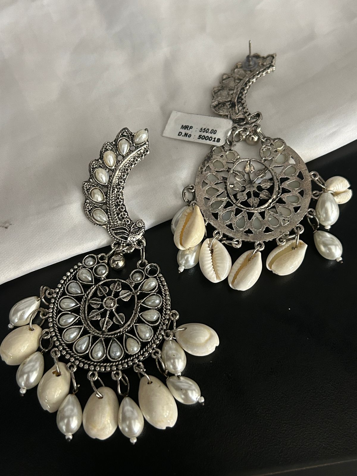 Oxidized Peacock Design Earrings with White Pearls